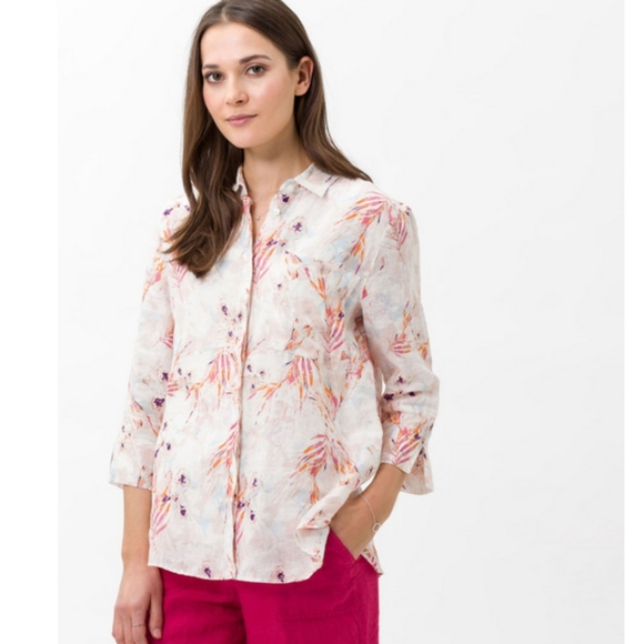 Brax Feel Good Vicki Floral Linen Polo 3/4 Sleeve Shirt - Picture 1 of 11